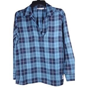 Calvin Klein Jeans Womens Blue Plaid V-Neck Pullover Blouse Cotton Blend Size Sm
